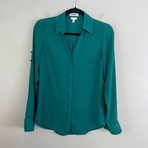 Express Portofino Shirt Womens XS Green Roll Tab Sleeve Slim Button Up Blouse